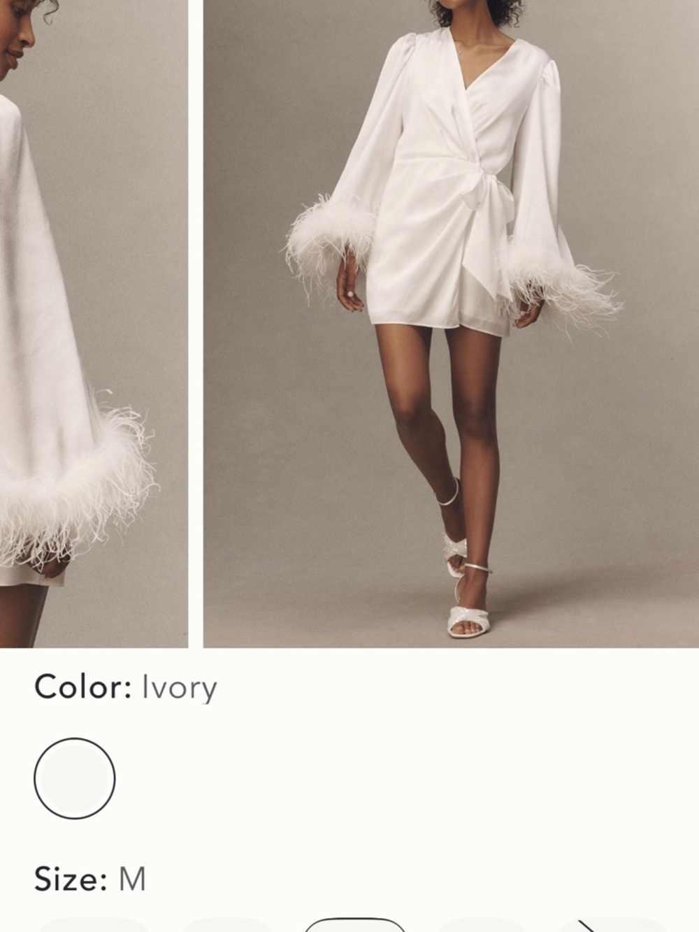 Anthropologie Hutch Faux-Feather Trim Satin ivory 
Wrap Mini Dress